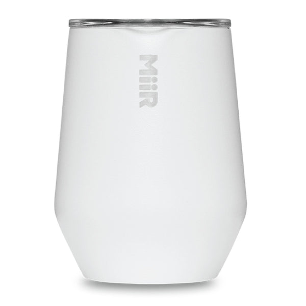 Moterra x Miir 10oz wine tumbler in white, side view featuring the Moterra Campervans logo.