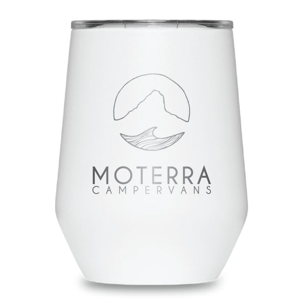 10oz Moterra x MiiR Wine Tumbler with Moterra Campervans' iconic logos on the front and back. (Front view, White)