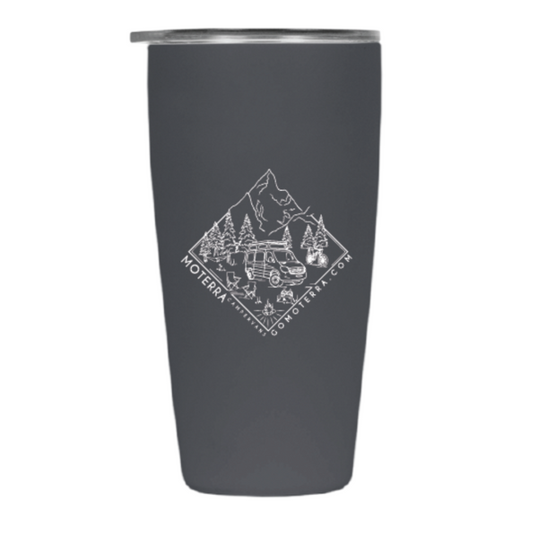 Moterra x MiiR 16oz coffee tumbler in charcoal, rear view featuring the Moterra Campervans logo.