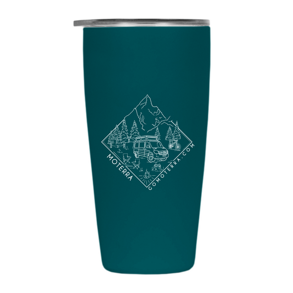 Moterra x MiiR 16oz coffee tumbler in turquoise, rear view featuring the Moterra Campervans logo.