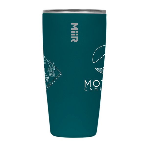 Moterra x MiiR 16oz coffee tumbler in turquoise, side view featuring the MiiR logo.