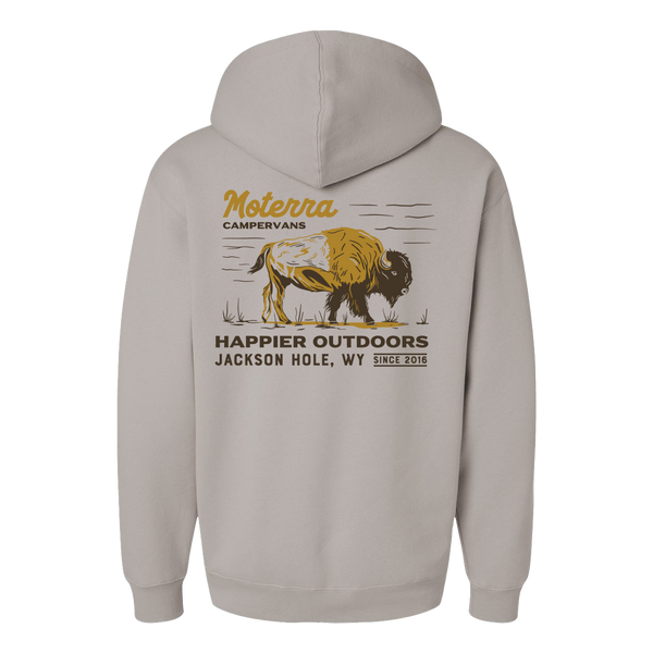 Moterra Campervans buffalo graphic hoodie in light grey, rear view. The design features a bison illustration and the words 'Happier Outdoors, Jackson Hole, WY, Since 2016'.