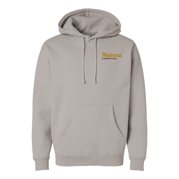Moterra Campervans buffalo graphic hoodie in light grey, front view. The design includes a small 'Moterra Campervans' logo on the left chest