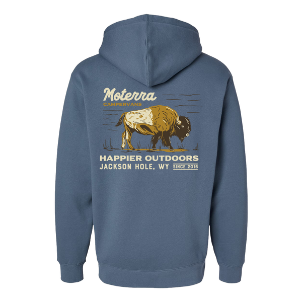 Moterra Campervans buffalo graphic hoodie in faded navy blue, rear view. The design features a bison illustration and the words 'Happier Outdoors, Jackson Hole, WY, Since 2016'.