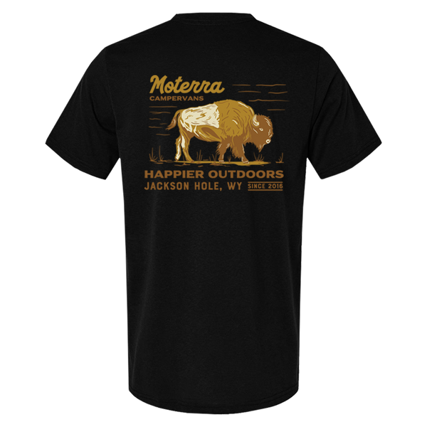 Moterra Campervans buffalo graphic tee in black, rear view. The design features a bison illustration and the words 'Happier Outdoors, Jackson Hole, WY, Since 2016'.