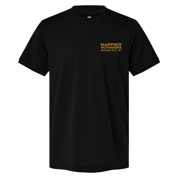 Moterra Campervans buffalo graphic tee in black, front view. The design includes a small 'Happier Outdoors, Jackson Hole, WY' logo on the left chest