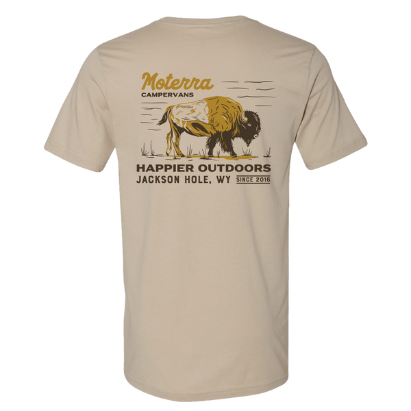 Moterra Campervans buffalo graphic tee in sand, rear view. The design features a bison illustration and the words 'Happier Outdoors, Jackson Hole, WY, Since 2016'.