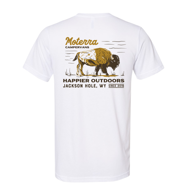 Moterra Campervans buffalo graphic tee in white, rear view. The design features a bison illustration and the words 'Happier Outdoors, Jackson Hole, WY, Since 2016'.