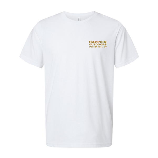 Moterra Campervans buffalo graphic tee in white, front view. The design includes a small 'Happier Outdoors, Jackson Hole, WY' logo on the left chest