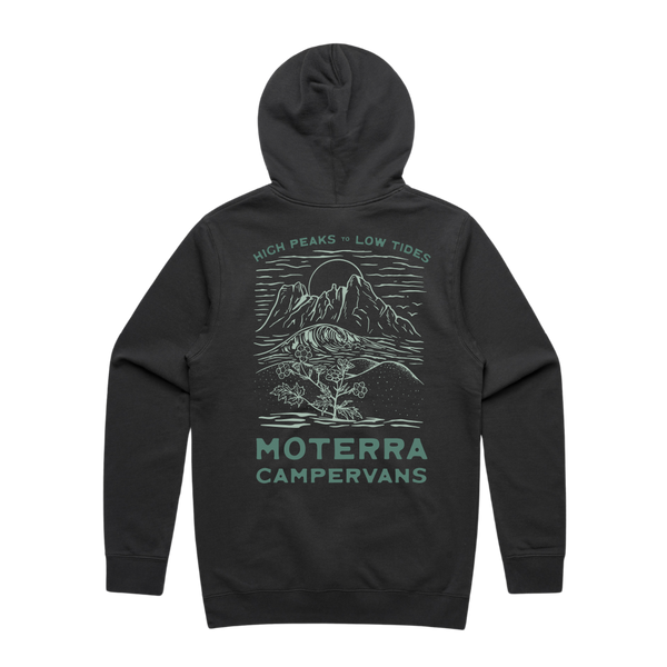Moterra Campervans mountain landscape hoodie in black, rear view. The design features a mountain landscape and the words 'High Peaks to Low Tides'.