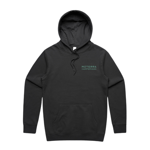 Moterra Campervans mountain landscape hoodie in black, front view. The design features a small 'Moterra Campervans' logo on the left chest.