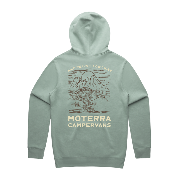 Moterra Campervans mountain landscape hoodie in light green, rear view. The design features a mountain landscape and the words 'High Peaks to Low Tides'.