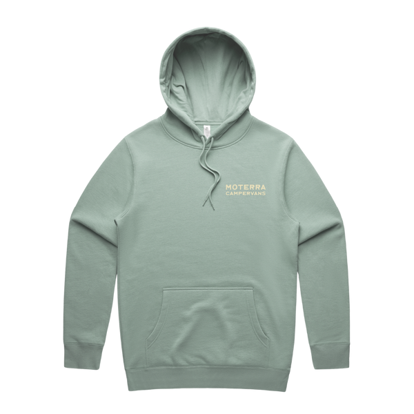 Moterra Campervans mountain landscape hoodie in light green, front view. The design features a small 'Moterra Campervans' logo on the left chest.