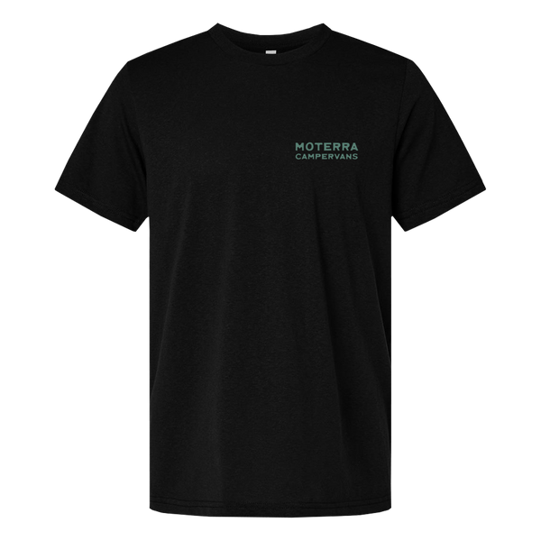 Moterra Campervans mountain landscape tee in black, front view. The design features a small 'Moterra Campervans' logo on the left chest.