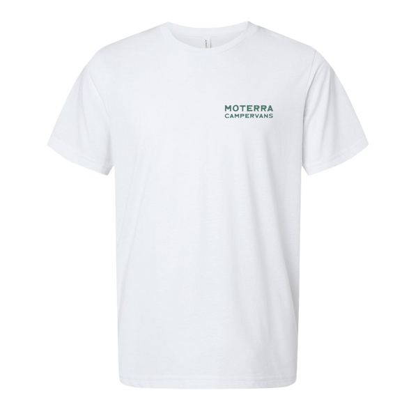 Moterra Campervans mountain landscape tee in white, front view. The design features a small 'Moterra Campervans' logo on the left chest.