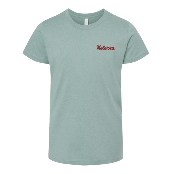Moterra Campervans retro tee in faded blue, front view. The design features a small 'Moterra' logo on the left chest.