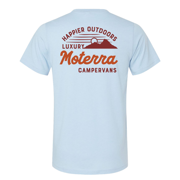 Moterra Campervans retro tee in arctic blue, rear view. The design features a rising sun over mountains illustration and the words 'Happier Outdoors, Luxury Moterra Campervans'.