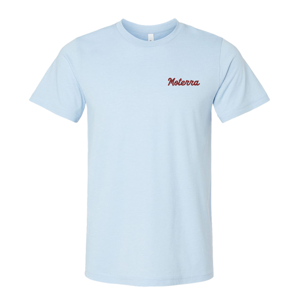 Moterra Campervans retro tee in arctic blue, front view. The design features a small 'Moterra' logo on the left chest.