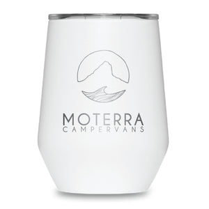 10oz Moterra x MiiR Wine Tumbler with Moterra Campervans' iconic logos on the front and back. (Front view, White)