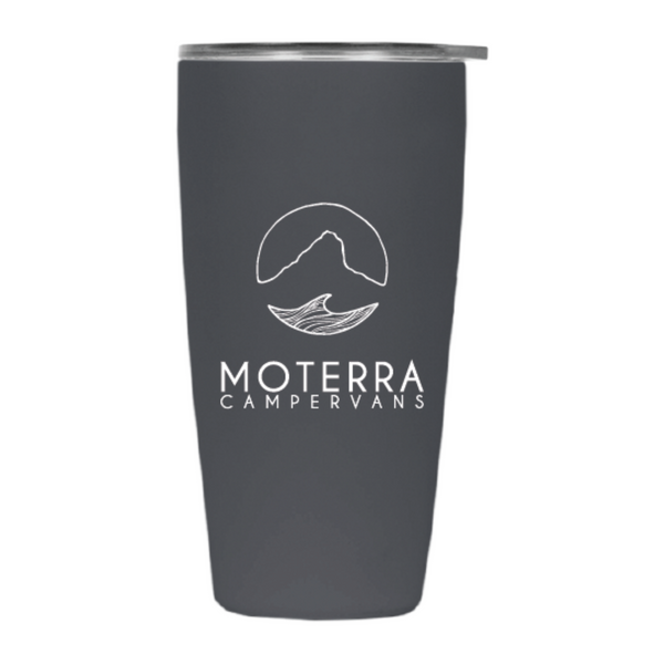 Front view of a 16oz Charcoal Tumbler with the Moterra Sky to Sea vertical logo
