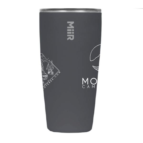 Side view of a 16oz Charcoal Tumbler with the Moterra Sky to Sea vertical logo