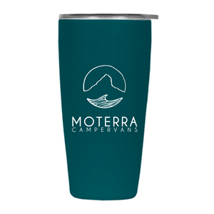 16oz Moterra x MiiR Coffee Tumbler with Moterra Campervans' iconic logos on the front and back. (Front view, Turquoise)