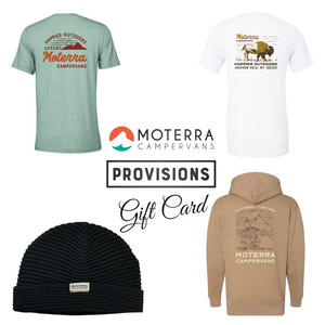 A Moterra Provisions Gift Card featuring a happier outdoors tee in faded blue, a buffalo tee in white, a black beanie and a buffalo hoodie in sand.